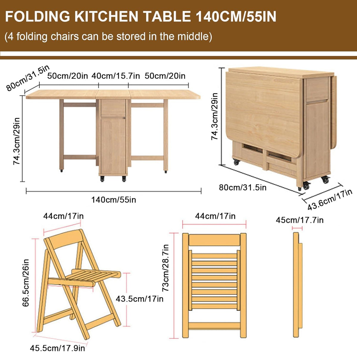 Folding Dining Table with 4 Chairs and Wheels Drop Leaf P2434