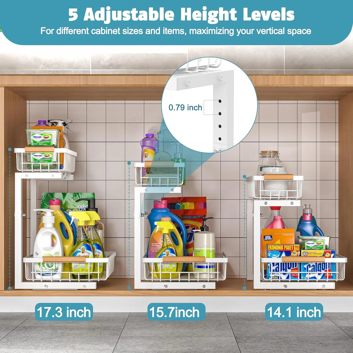2 Pack Height Adjustable 2 Tier Pull Out Metal Under Sink Organizer V503418