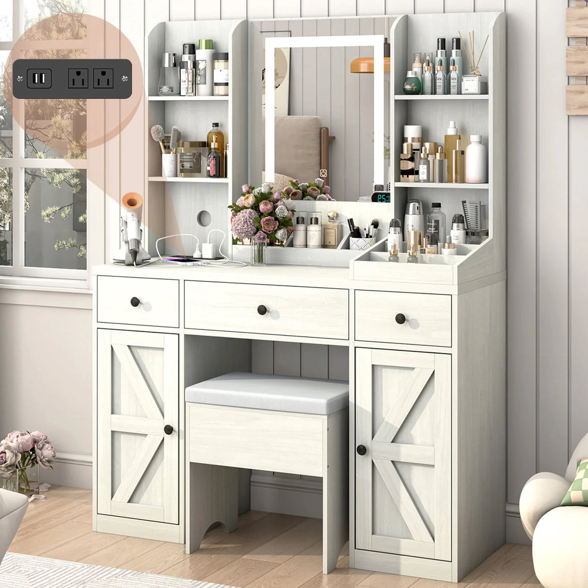White 7 Drawer Vanity Desk with Lighted Mirror and Storage Stool V568