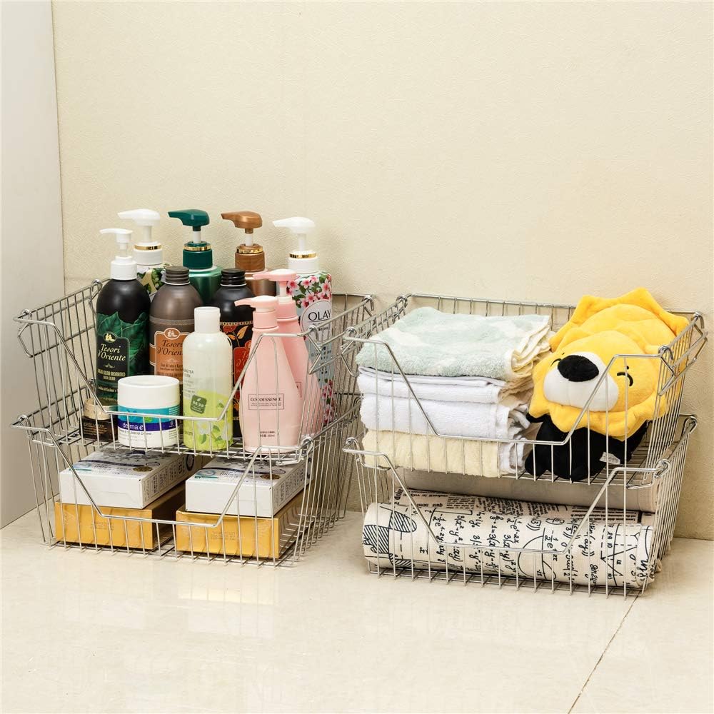 Large Stackable Storage Baskets Cabinet Organizer Sturdy Metal Wire Pantry Freezer Bin 4 Packs T6439