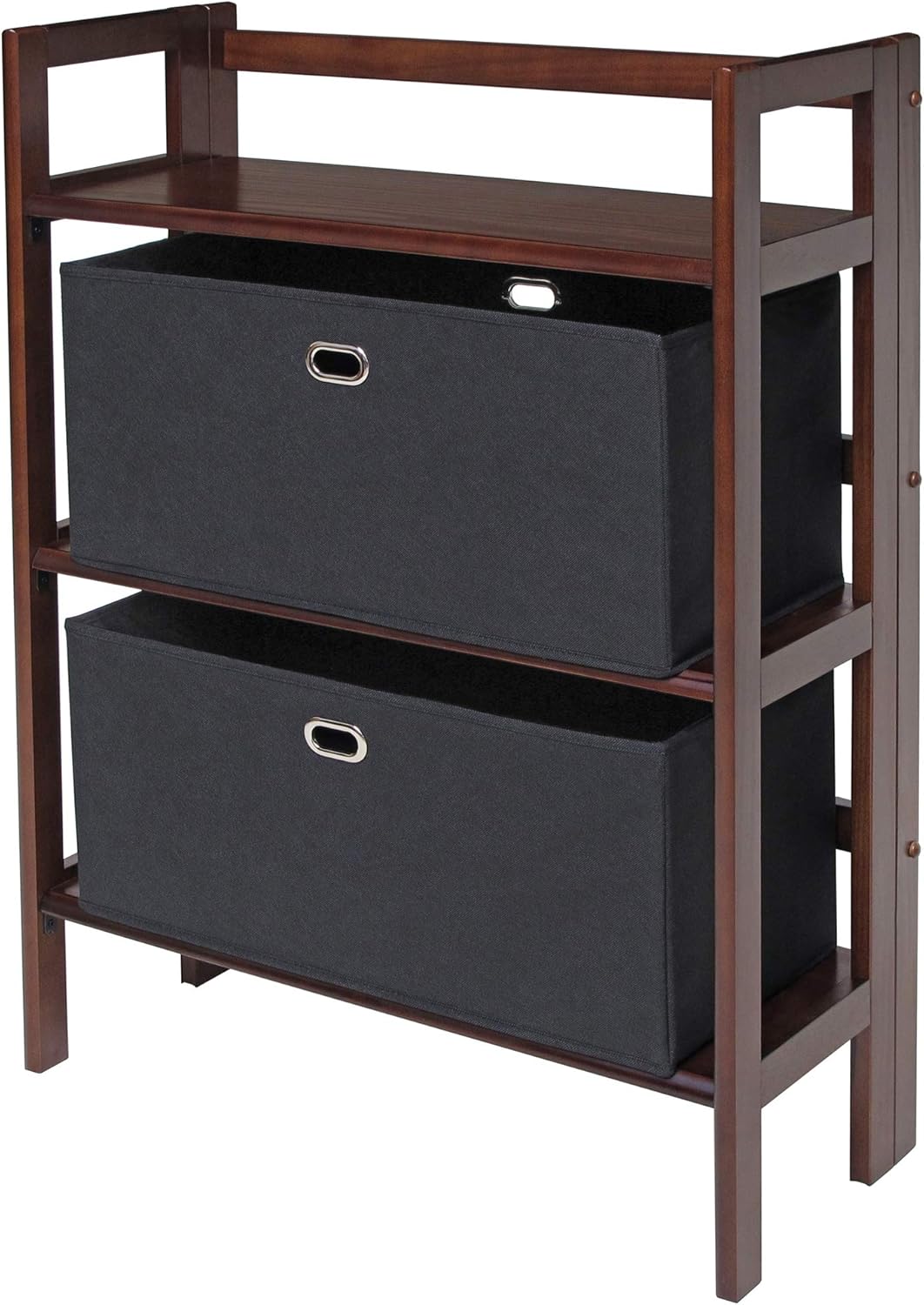 Antique Walnut/Black 3-PC Folding Bookcase with Fabric Basket I308224