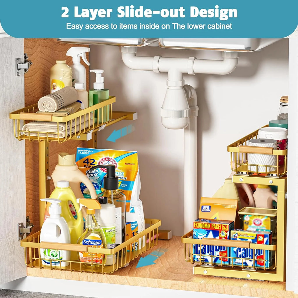 2 Pack Height Adjustable 2 Tier Pull Out Metal Under Sink Organizer V503418