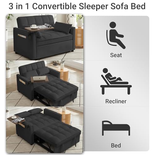 Black Velvet Convertible Sleeper Sofa Bed with 2 Pillows T60786