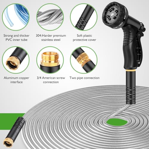 100FT Stainless Steel Heavy Duty Garden Hose with 10 Function Nozzle D661