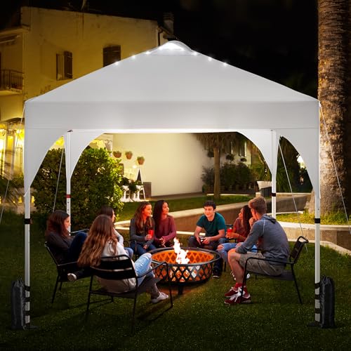 10x10ft Pop-Up Canopy Tent with Solar LED Lights and Wheeled Bag, White D3431
