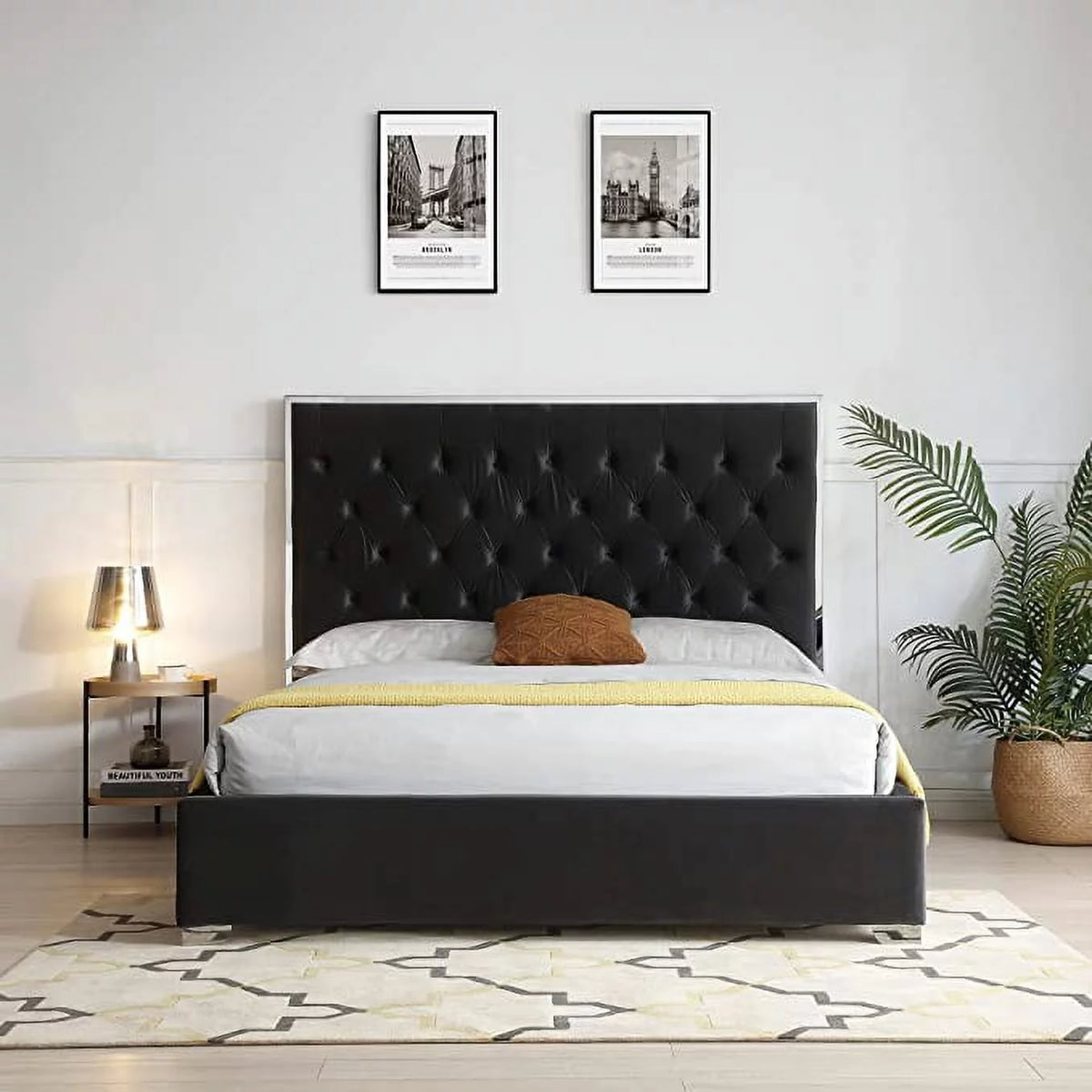 Velvet Queen Bed with Metal Frame Y33447