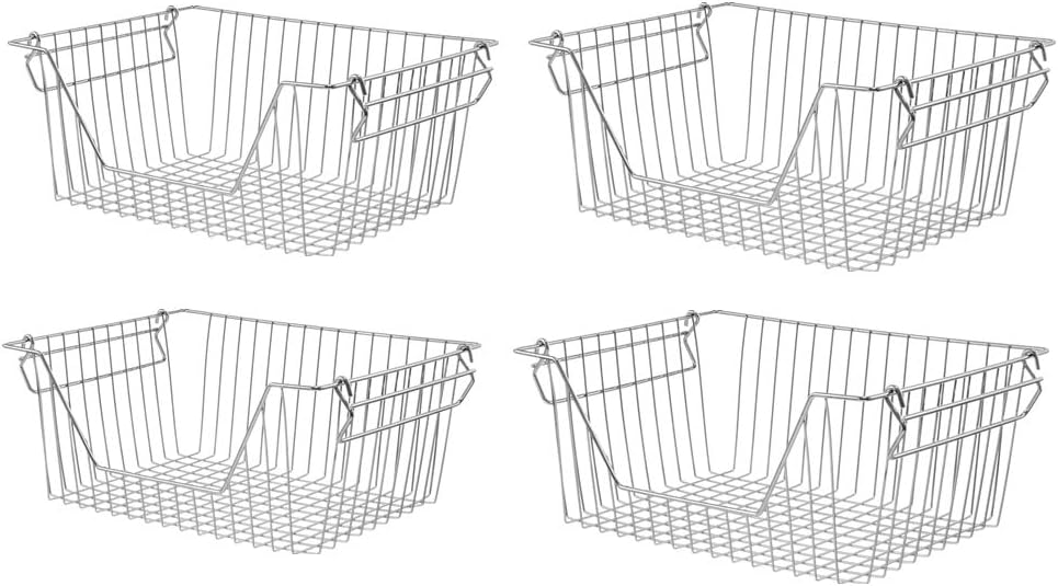 Large Stackable Storage Baskets Cabinet Organizer Sturdy Metal Wire Pantry Freezer Bin 4 Packs T6439