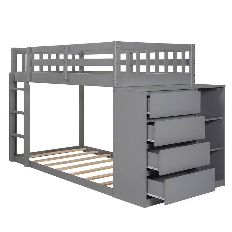 Gray Twin Over Twin Bunk Bed with 4 Drawers & 3 Shelves & Ladder X222707