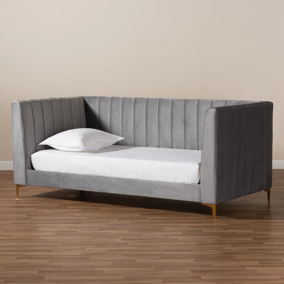 Light Grey Velvet Upholstered Gold Finished Twin Daybed A386779