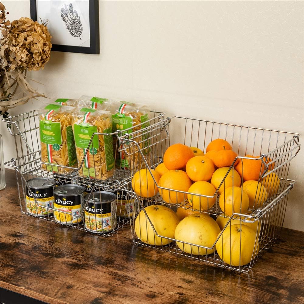 Large Stackable Storage Baskets Cabinet Organizer Sturdy Metal Wire Pantry Freezer Bin 4 Packs T6439