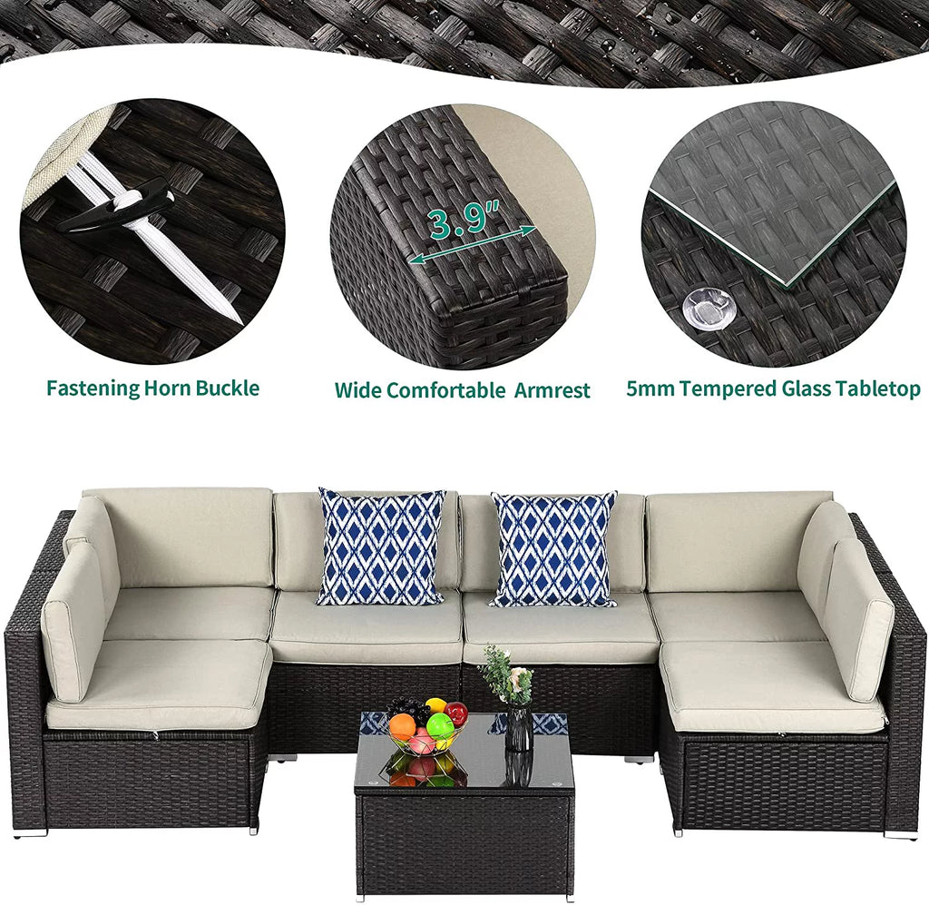 7 Piece PE Rattan Wicker Sectional Sofa Set with Table Cushions I250106