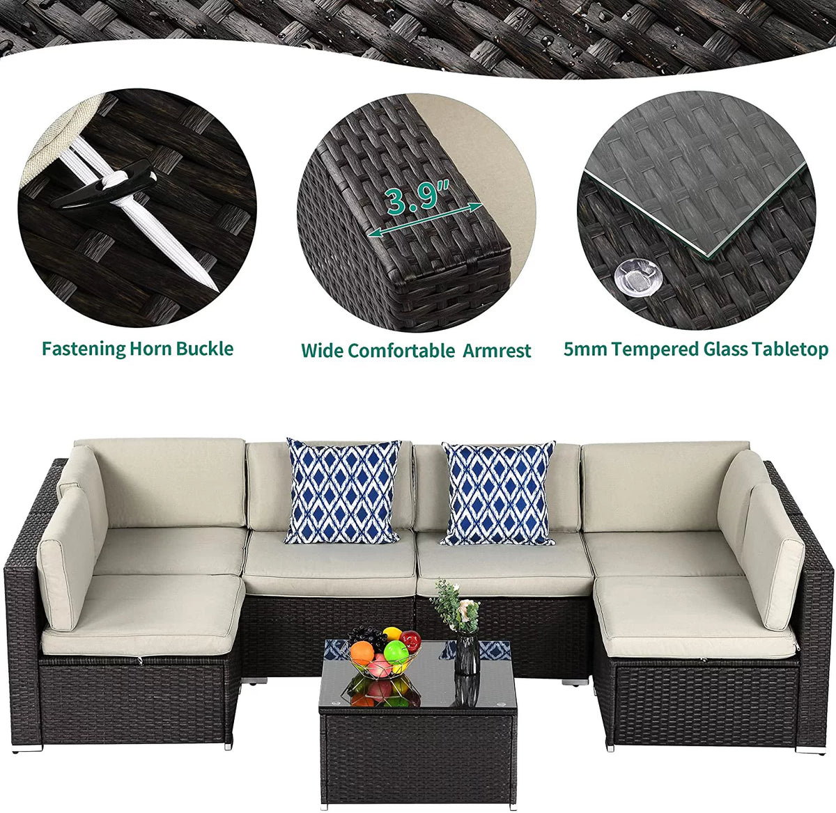 7 Piece PE Rattan Wicker Sectional Sofa Set with Table Cushions I250106
