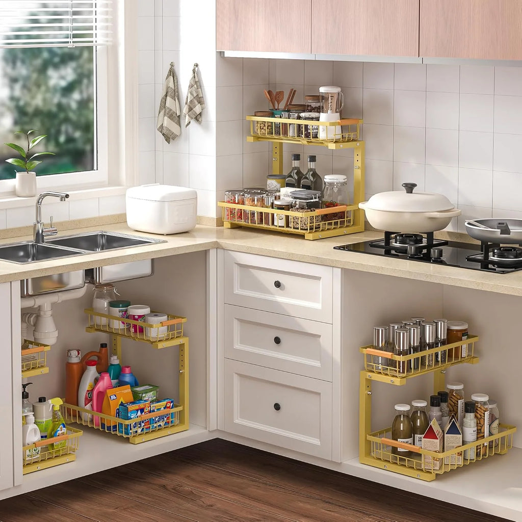 2 Pack Height Adjustable 2 Tier Pull Out Metal Under Sink Organizer V503418