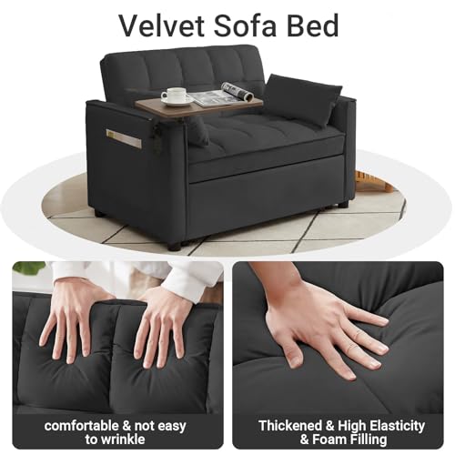 Black Velvet Convertible Sleeper Sofa Bed with 2 Pillows T60786