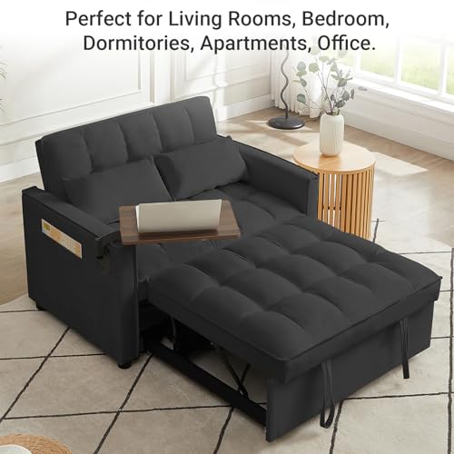 Black Velvet Convertible Sleeper Sofa Bed with 2 Pillows T60786