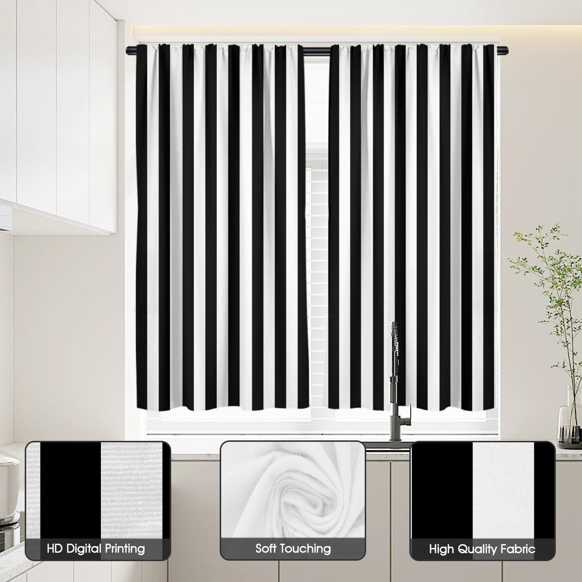 Black and White Striped 27.5" W x 39" L Kitchen Curtains 2 Panels Rod Pocket K2665