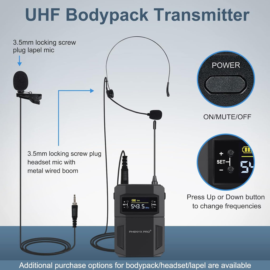 UHF Wireless Microphone System, 30 Adjustable Frequencies, Handheld/Bodypack/Headset/Lapel Mic Set with Case U235099
