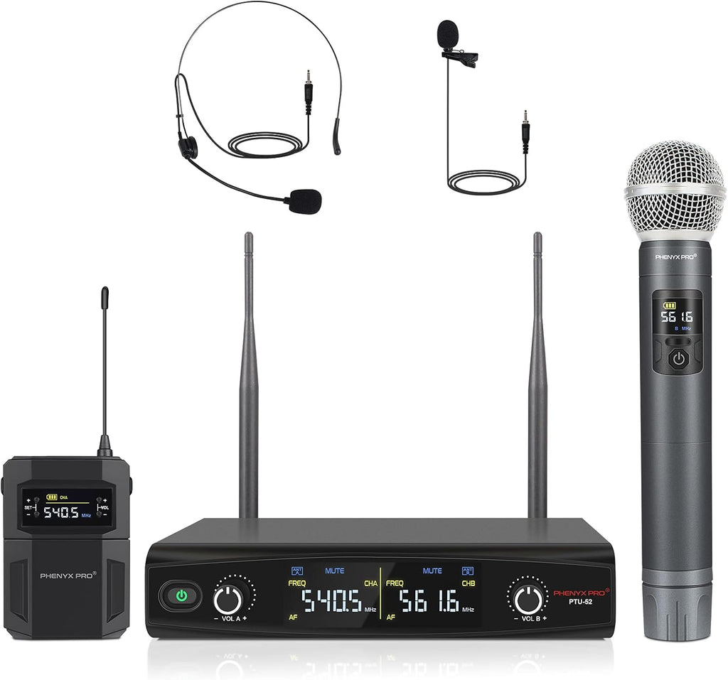 UHF Wireless Microphone System, 30 Adjustable Frequencies, Handheld/Bodypack/Headset/Lapel Mic Set with Case U235099