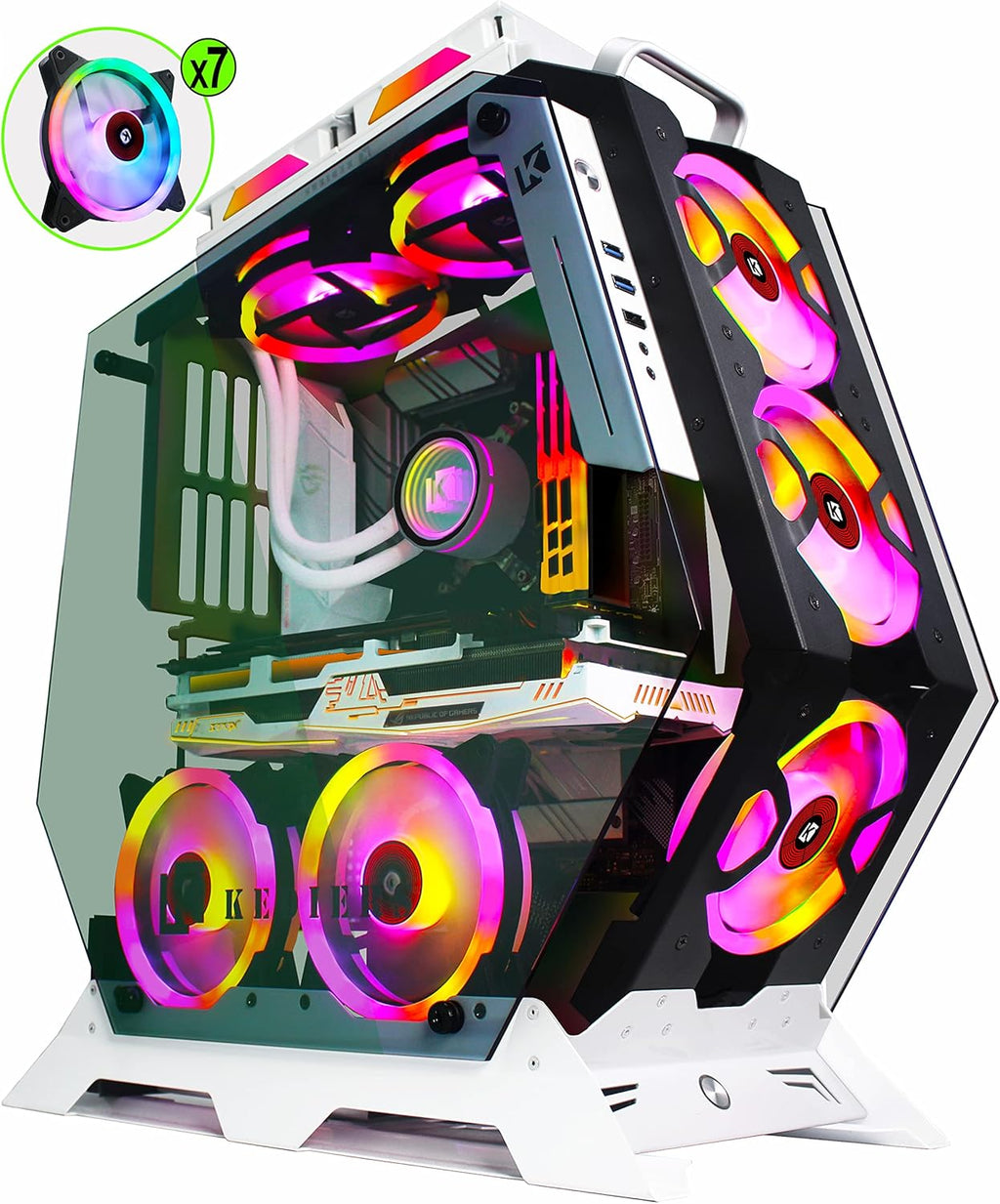 ATX Tower Tempered Glass PC Case with 7 RGB Fans A517