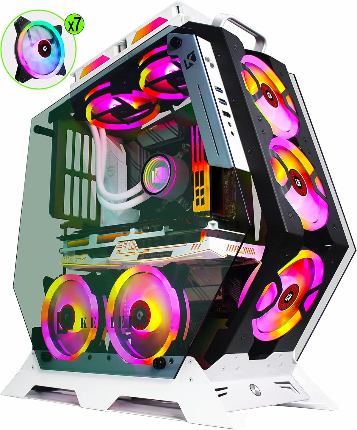 ATX Tower Tempered Glass PC Case with 7 RGB Fans A517