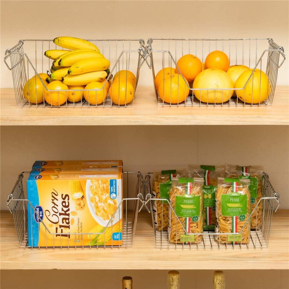 Large Stackable Storage Baskets Cabinet Organizer Sturdy Metal Wire Pantry Freezer Bin 4 Packs T6439