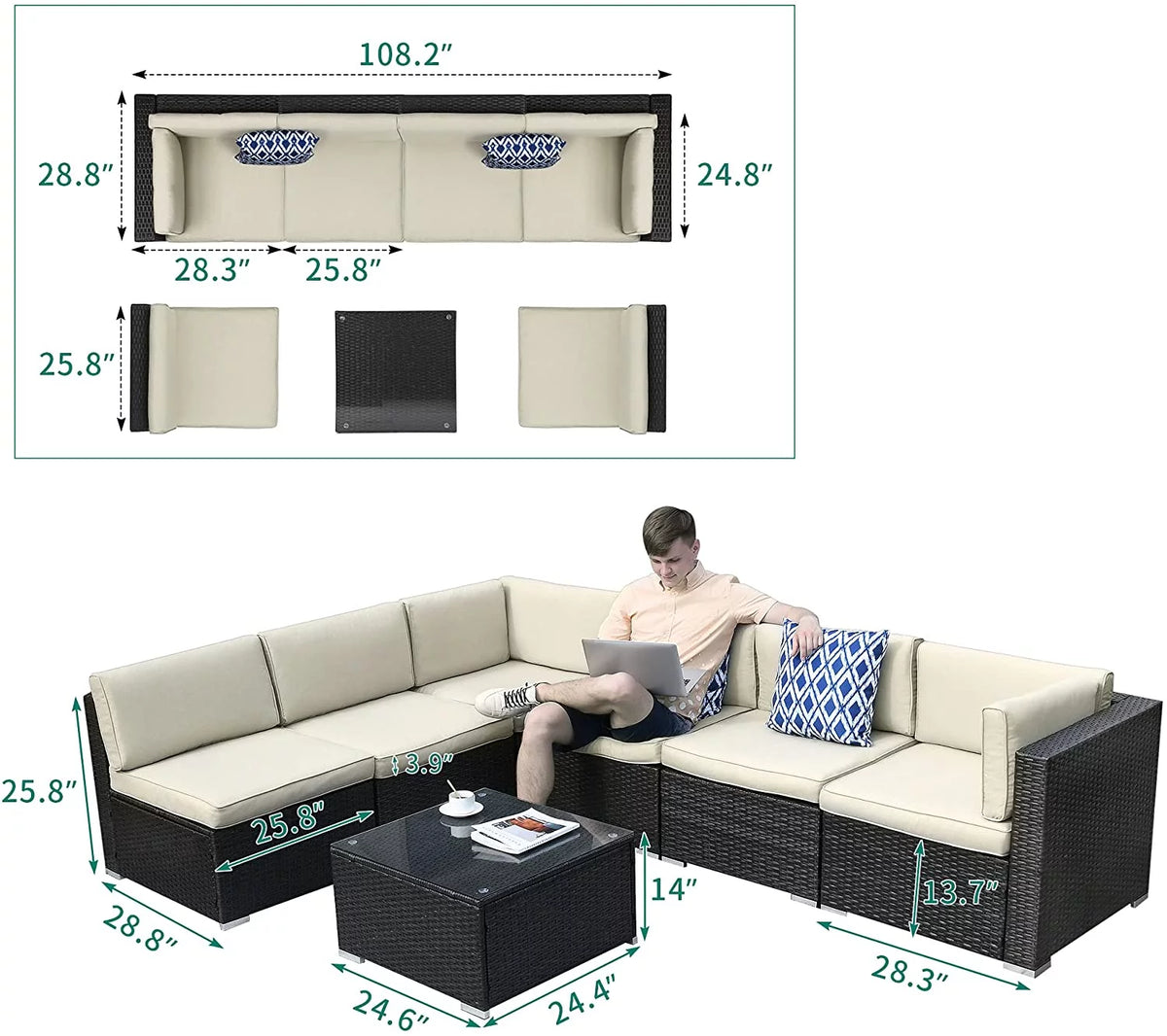 7 Piece PE Rattan Wicker Sectional Sofa Set with Table Cushions I250106