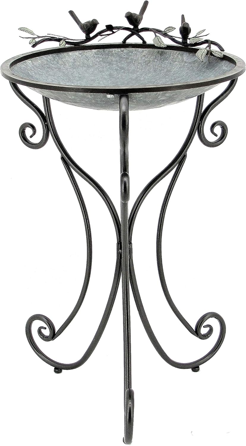 Galvanized Birdbath with Cast Iron Bird Accents U75265