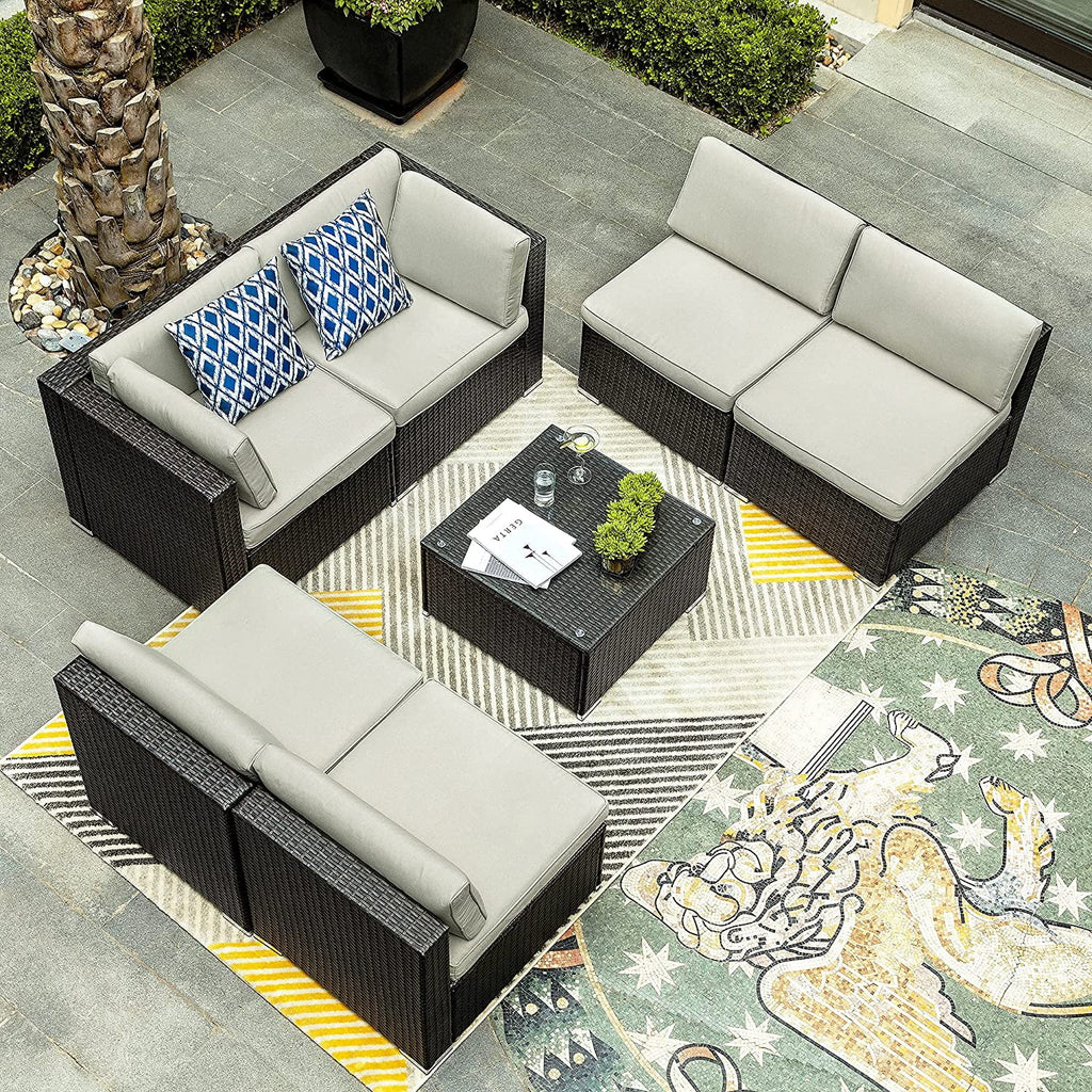 7 Piece PE Rattan Wicker Sectional Sofa Set with Table Cushions I250106