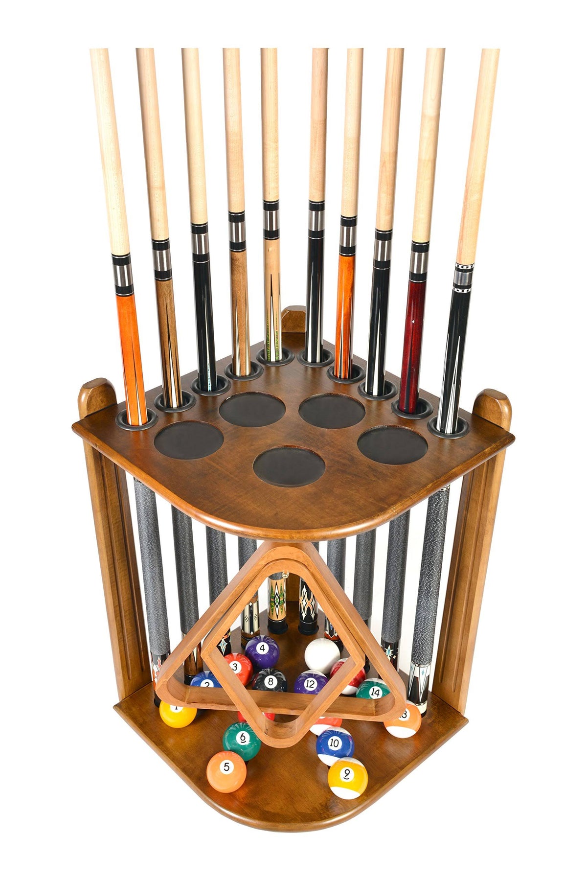Oak Finish 10 Billiard Stick and Ball Floor Rack J118412