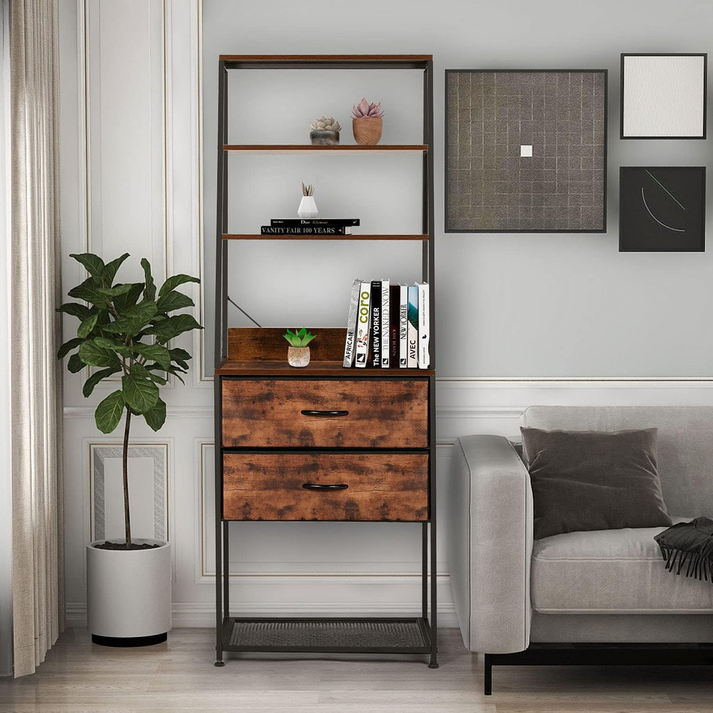 4-Tier Open Shelf Bookcase with 2 Drawers, Wood, Metal Frame X38856