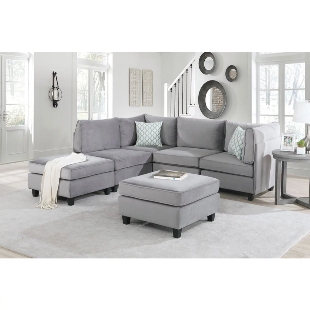 Gray Velvet 6Pc Modular Reversible Sectional Sofa S5137