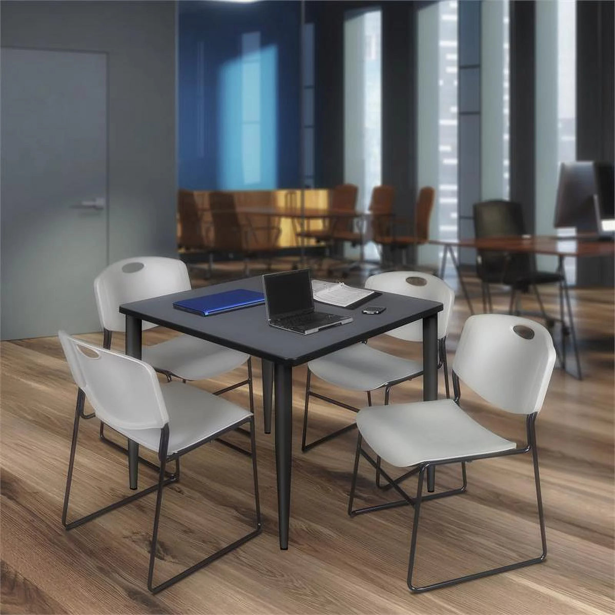 48" Square Breakroom Table & 4 Stack Chairs P422885