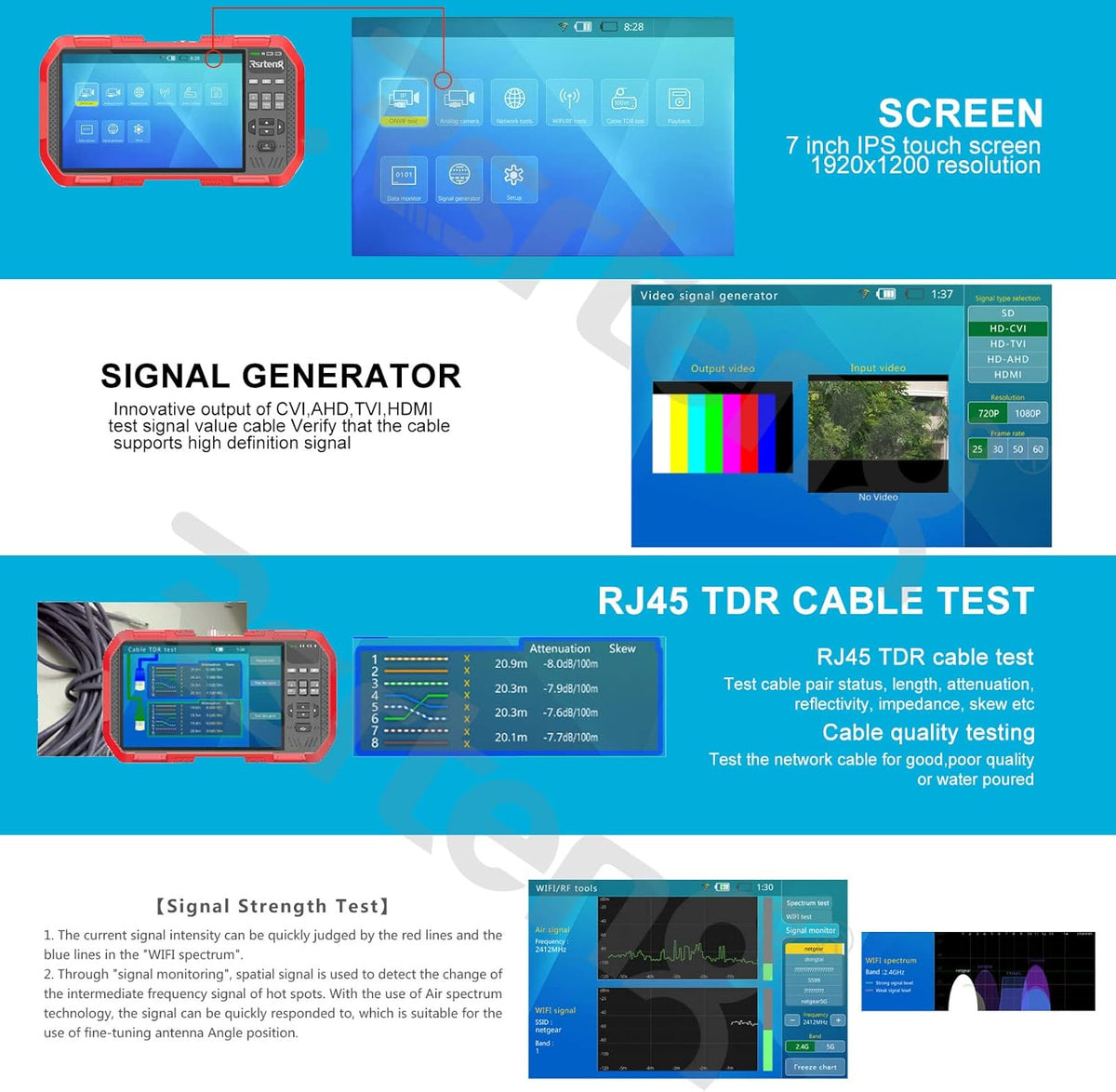4K 8MP CVI TVI AHD IP Camera Tester 7inch TFT Touch Screen A3386