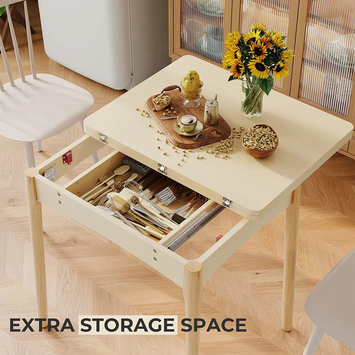 Folding Dining Table with Hidden Storage, Beige B8534