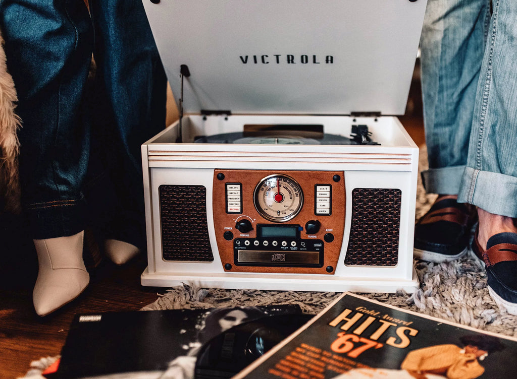Wood 8-in-1 Bluetooth Record Player with USB Encoding and 3-speed Turntable - White C605070