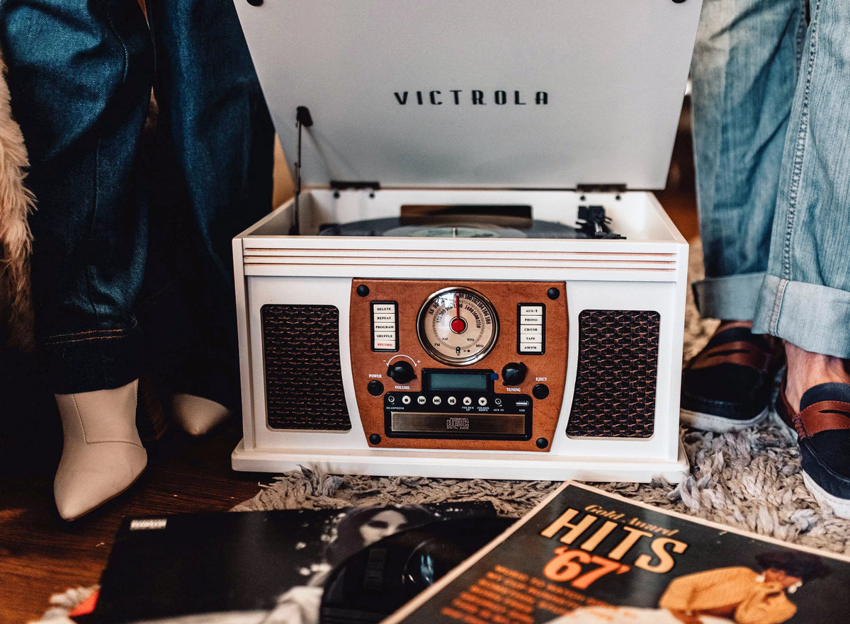 Wood 8-in-1 Bluetooth Record Player with USB Encoding and 3-speed Turntable - White C605070
