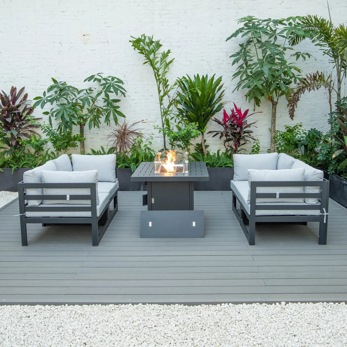 5-Piece Sectional Loveseat and Fireplace Set Black Aluminum with Cushions W24606
