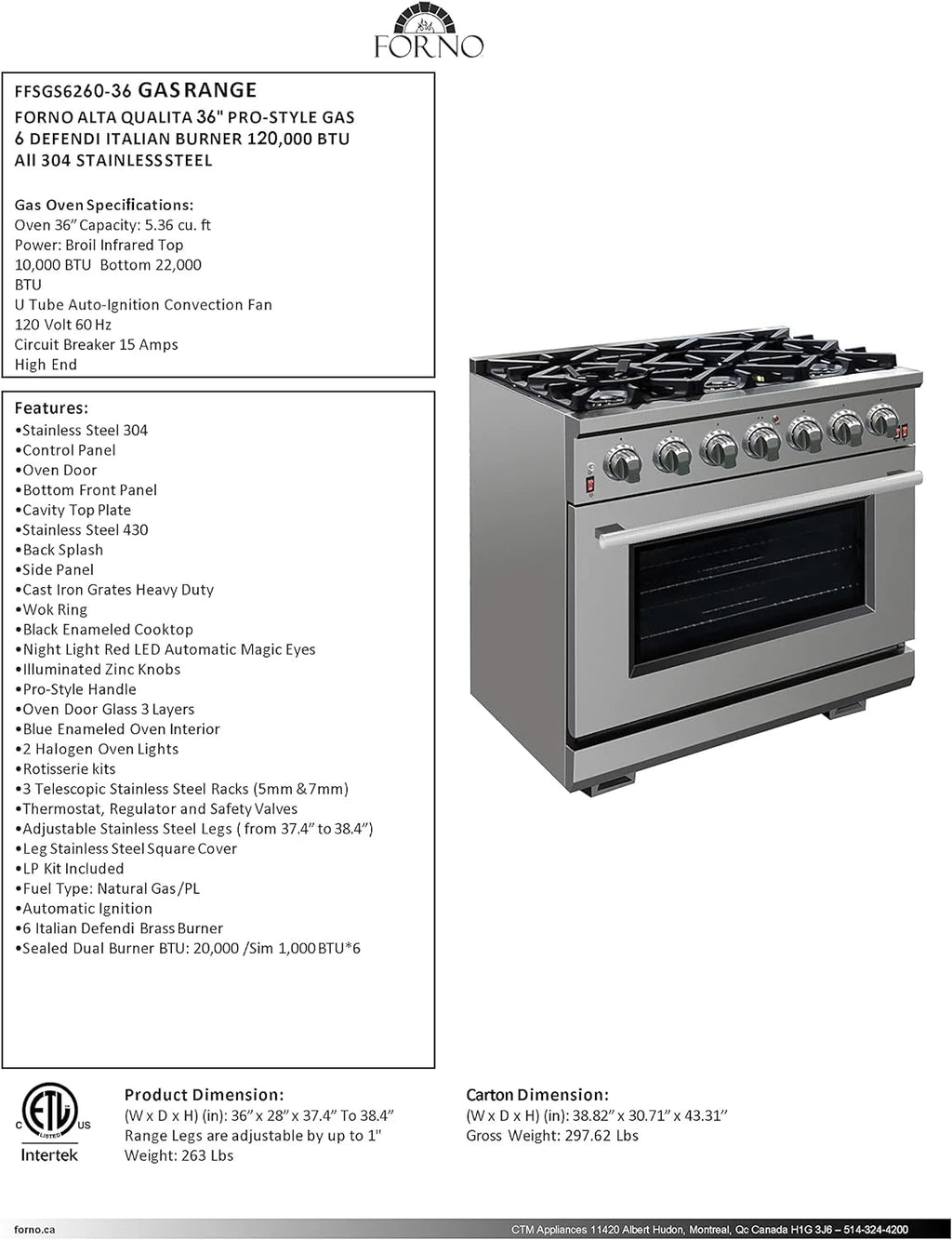 36" Freestanding Gas Range V8520