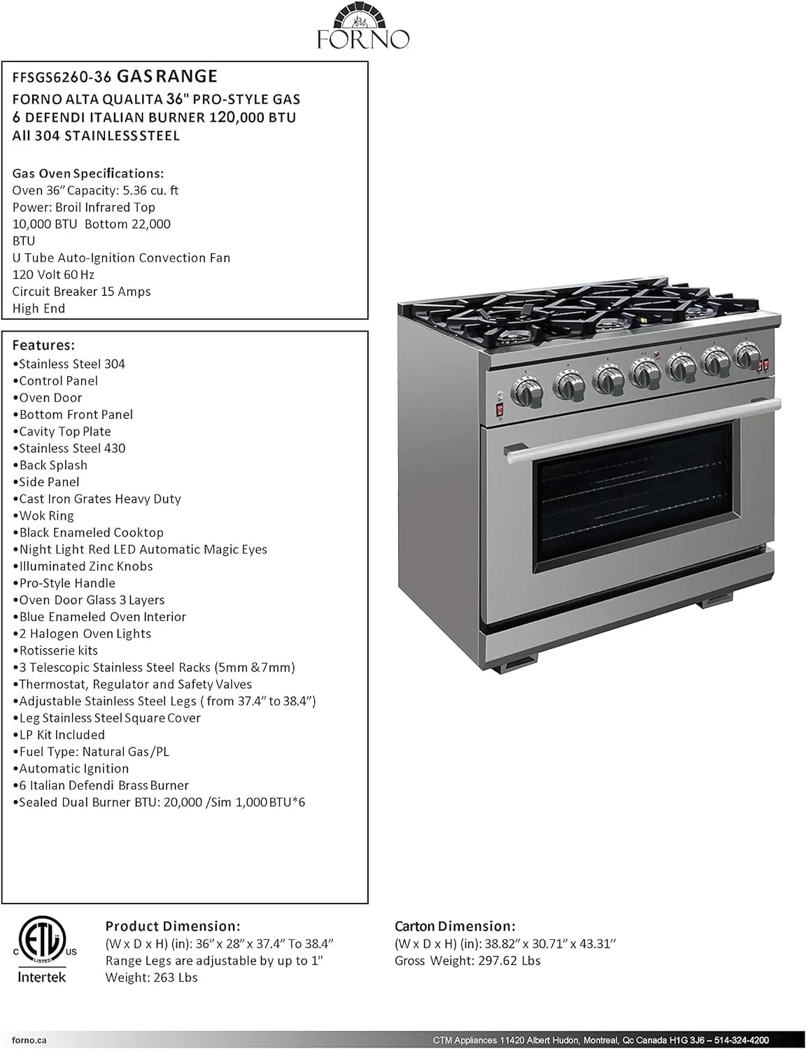 36" Freestanding Gas Range V8520