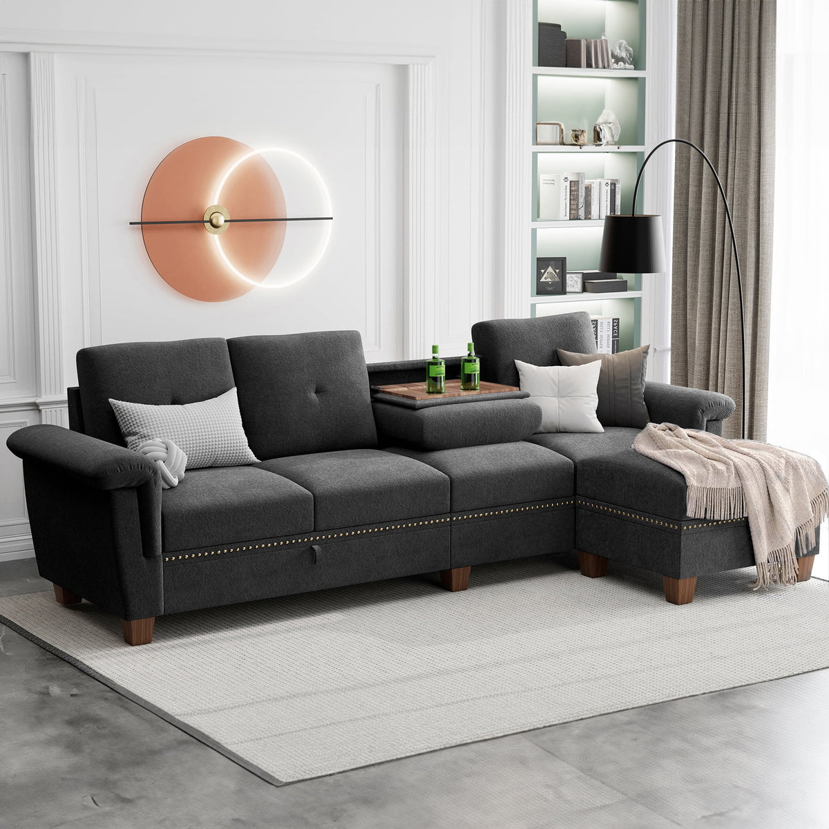 Dark Grey L Shaped Sectional Sofa with Storage Chaise I807607