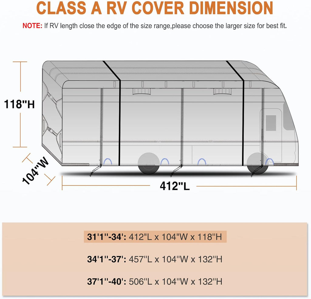 RV Cover Heavy Duty Camper Cover for 31’-34’ Motorhome Anti-UV Rip-Stop Breathable N9480
