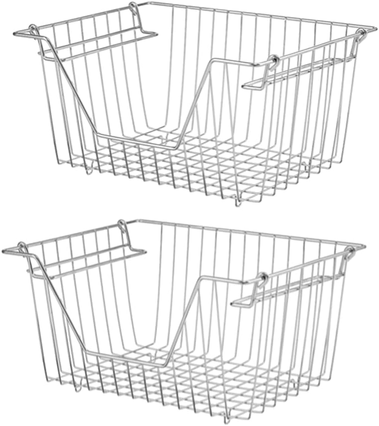 Large Stackable Storage Baskets Cabinet Organizer Sturdy Metal Wire Pantry Freezer Bin 4 Packs T6439