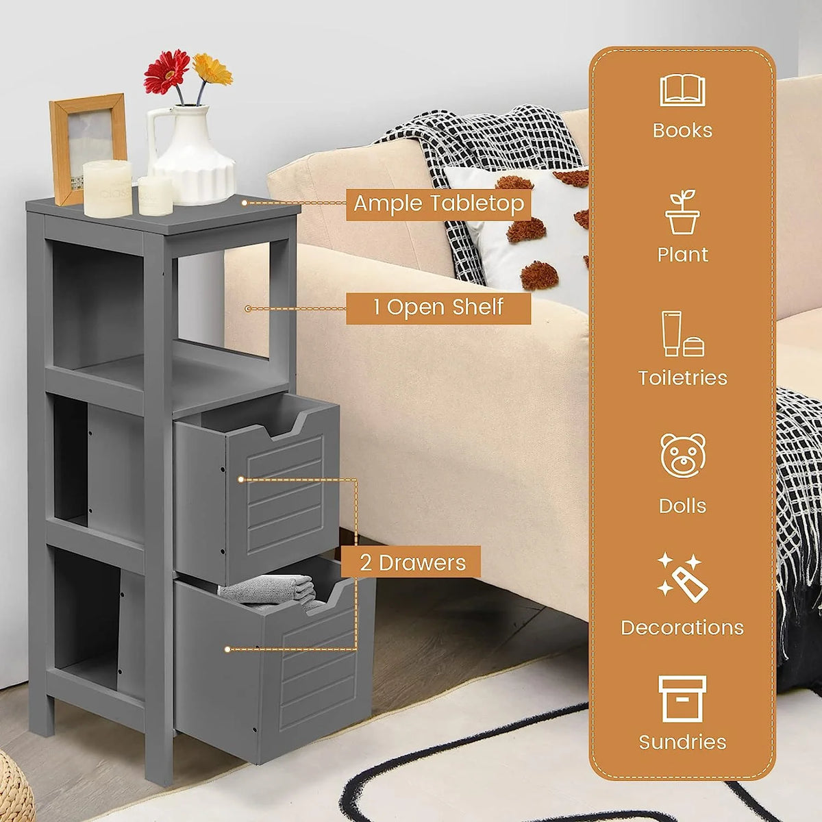 Bathroom Storage Cabinet, Freestanding Wooden Side Storage Cabinet with 2 Adjustable Drawers R9213