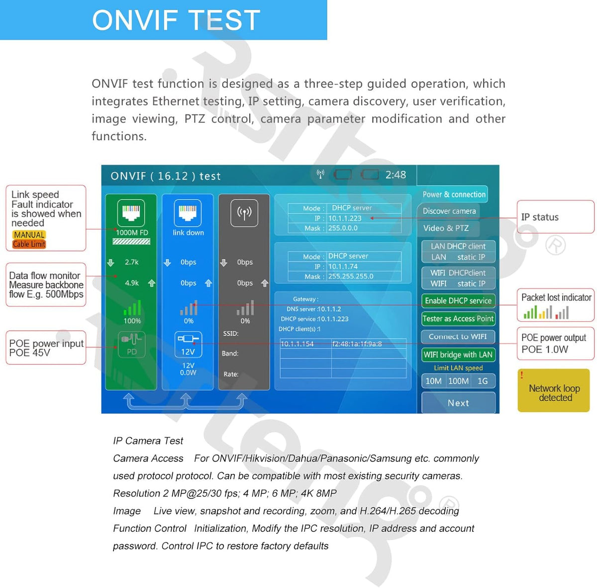 4K 8MP CVI TVI AHD IP Camera Tester 7inch TFT Touch Screen A3386
