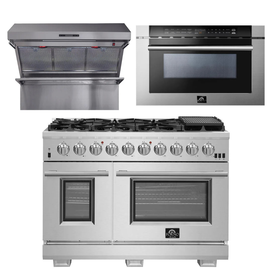 48 Inch Gas Burner Electric Oven Pro Range, Wall Mount Range Hood, Microwave Drawer S5636