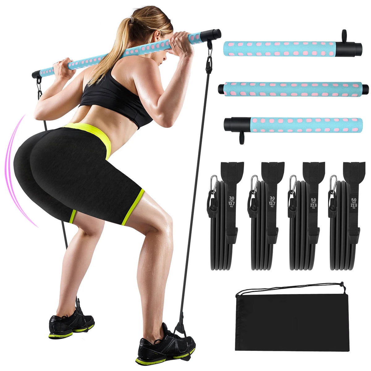 Adjustable Pilates Bar Kit with 4 Resistance Bands S754916