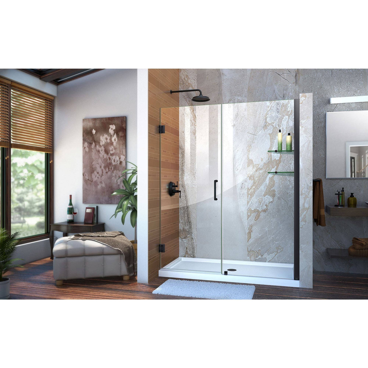 Satin Black Frameless Hinged Shower Door with Shelves W221534