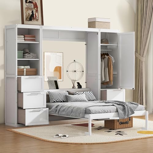 Queen Size White Murphy Bed with Drawers and Shelves R66673