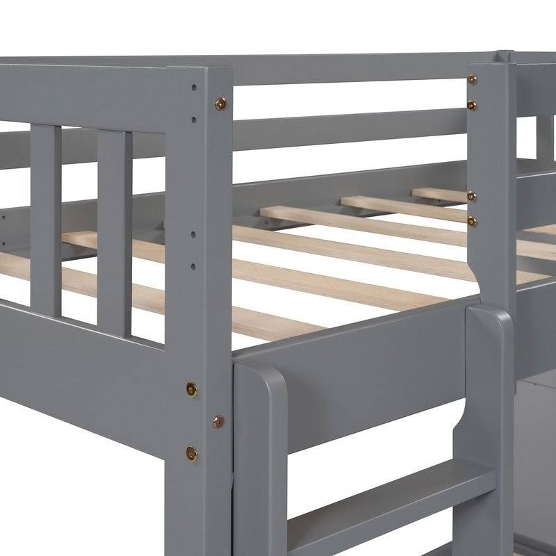 Gray Twin Over Twin Bunk Bed with 4 Drawers & 3 Shelves & Ladder X222707
