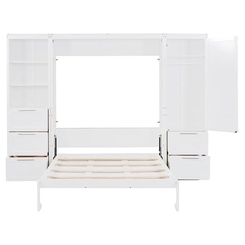 Queen Size White Murphy Bed with Drawers and Shelves R66673